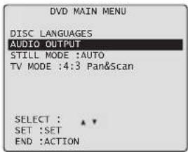 DVD MAIN MENU DISC LANGUAGES AUDIO OUTPUT STILL MODE :AUTO TV MODE :4:3 Pan&Scan SELECT : * SET :SET END :ACTION