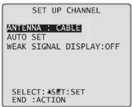 SET UP CHANNEL ANTENNA : CABLE AUTO SET WEAK SIGNAL DISPLAY:OFF SELECT: ▲SET:SET END :ACTION
