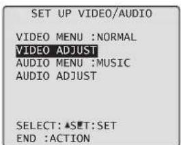 SET UP VIDEO/AUDIO VIDEO MENU :NORMAL VIDEO ADJUST AUDIO MENU :MUSIC AUDIO ADJUST SELECT: ⬆SET:SET END :ACTION