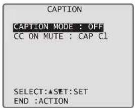 CAPTION CAPTION MODE : OFF CC ON MUTE : CAP C1 SELECT:▲SET:SET END :ACTION