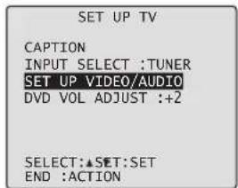 SET UP TV CAPTION INPUT SELECT :TUNER SET UP VIDEO/AUDIO DVD VOL ADJUST :+2 SELECT:▲SET:SET END :ACTION