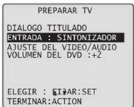 PREPARAR TV DIALOGO TITULADO ENTRADA : SINTONIZADOR AUSTE DEL VIDEO/AUDIO VOLUMEN DEL DVD :+2 ELEGIR : EIGAR:SET TERMINAR:ACTION