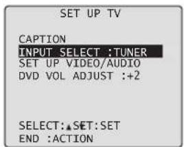 SET UP TV CAPTION INPUT SELECT :TUNER SET UP VIDEO/AUDIO DVD VOL ADJUST :+2 SELECT:▲SET:SET END :ACTION