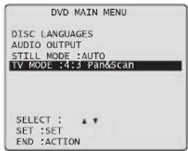 DVD MAIN MENU DISC LANGUAGES AUDIO OUTPUT STILL MODE :AUTO TV MODE :4:3 Pan&scan SELECT : * SET :SET END :ACTION
