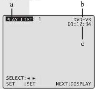 a PLAY LIST: 1 DVD-VR 01:12:34 c SELECT: ← SET :SET NEXT:DISPLAY