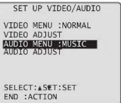SET UP VIDEO/AUDIO VIDEO MENU :NORMAL VIDEO ADJUST AUDIO MENU :MUSIC AUDIO ADJUST SELECT:▲SET:SET END :ACTION