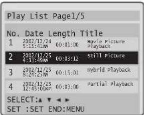 Play List Page1/5 No. Date Length Title 1 2002/12/24 5:15:40AM 00:01:00 Movie Picture Playback 2 2002/12/25 4:31:40AM 00:03:12 Still Picture 2002/12/25 8:24:25AM 00:15:01 Hybrid Playback 4 2002/12/25 12:45:00AM 00:03:00 Partial playback SELECT:▲▼▼ SET :SET END:MENU