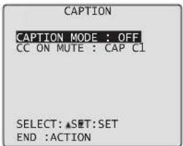 CAPTION CAPTION MODE : OFF CC ON MUTE : CAP CI SELECT: ▲SET: SET END :ACTION