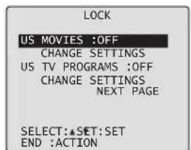 LOCK US MOVIES :OFF CHANGE SETTINGS US TV PROGRAMS :OFF CHANGE SETTINGS NEXT PAGE SELECT:▲SET:SET END :ACTION