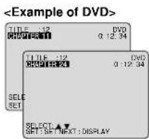 TITLE: -12 DVD 0:12:34 TITLE: -12 DVD 0:12:34 SELECT SET: SELECT ▲▼ SET: SET / NEXT : DISPLAY