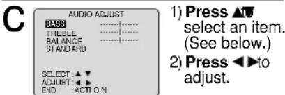 C AUDIO ADJUST BASS TREBLE BALANCE STANDARD SELECT: ▲▼ ADJUST: ▲▶ END: ACTION 1) Press ▲U select an item. (See below.) 2) Press ◀▶to adjust.