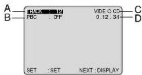 A B PBC : OFF SET : SET NEXT : DISPLAY VIDEO CD- 0.12 : 34 C D