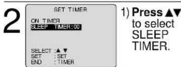 2 SET TIMER ON TIMER SLEEP TIMER:00 SELECT :▲▼ SET :SET END :TIMER 1) Press ▲▼ to select SLEEP TIMER.