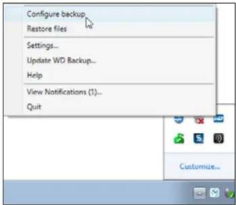 Configure backup Restore files Settings... Update WD Backup... Help View Notifications (1)... Quit Customize...
