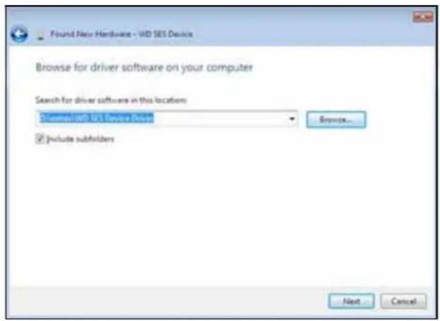 Found New Hardware - WD SES Device Browse for driver software on your computer Search for driver software in this location: Downloaded US Software Drive Browse... Include subholders Next Cancel