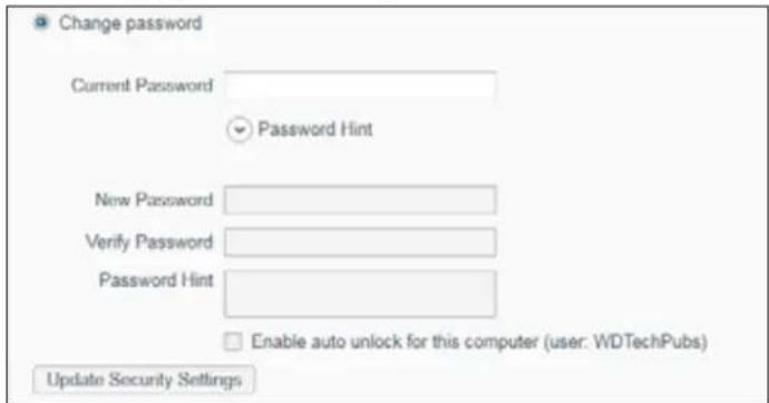Change password Current Password ✓ Password Hint New Password Verify Password Password Hint Enable auto unlock for this computer (user: WDTechPubs) Update Security Settings