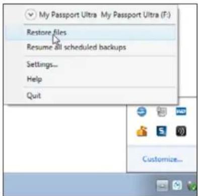 My Passport Ultra My Passport Ultra (F:) Restore files Resume all scheduled backups Settings... Help Quit Customize...