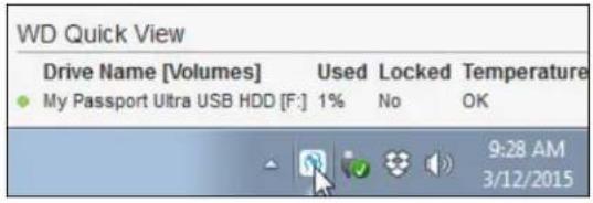 WD Quick View Drive Name [Volumes] Used Locked Temperature My Passport Ultra USB HDD [F:] 1% No OK 9:28 AM 3/12/2015