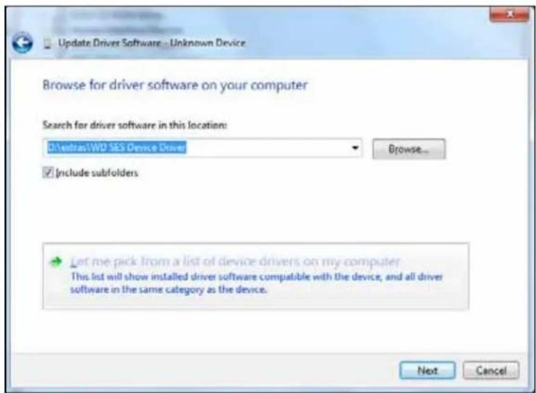 Update Driver Software ... Unknown Device Browse for driver software on your computer Search for driver software in this location: D:\extras\WD SES Device Drive Include subfolders Let me pick from a list of device drivers on my computer This list will show installed driver software compatible with the device, and all driver software in the same category as the device. Next Cancel
