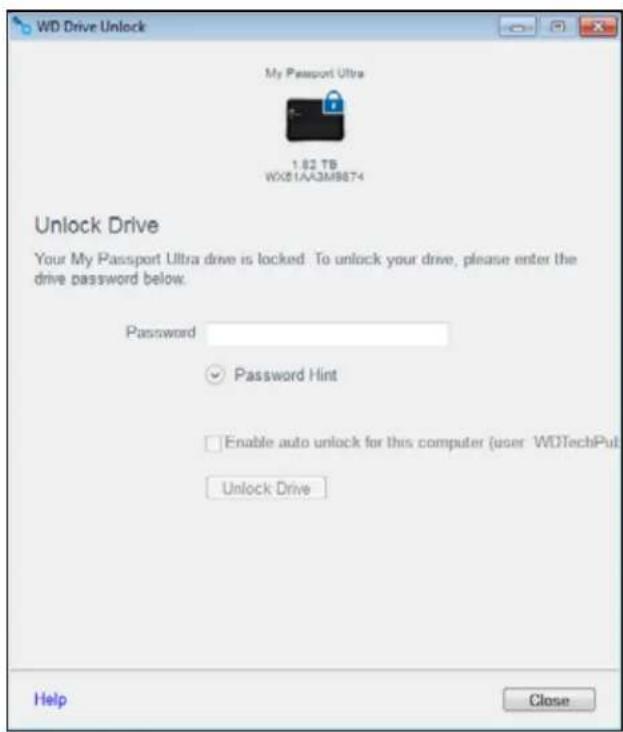 WD Drive Unlock My Passport Ultra 1.62 TB WX51AA3M9874 Unlock Drive Your My Passport Ultra drive is locked. To unlock your drive, please enter the drive password below. Password ✓ Password Hint Enable auto unlock for this computer (user: WDTechPut) Unlock Drive Help Close