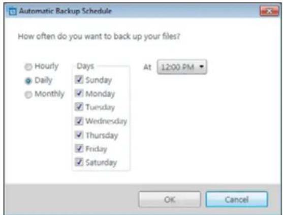 Automatic Backup Schedule How often do you want to back up your files? Hourly Daily Monthly Days Sunday Monday Tuesday Wednesday Thursday Friday Saturday At 12:00 PM OK Cancel