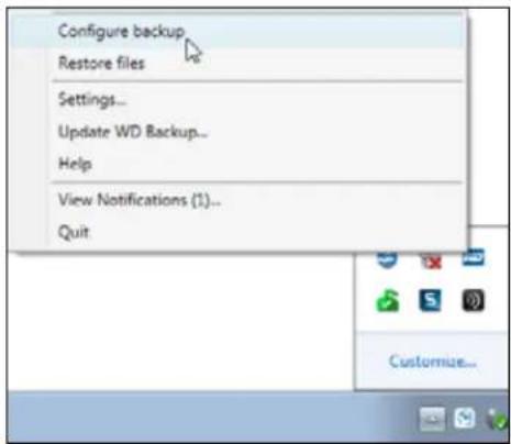 Configure backup Restore files Settings... Update WD Backup... Help View Notifications (1)... Quit Customize...