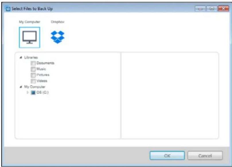 Select Files to Back Up My Computer Dropbox Libraries □ Documents □ Music □ Pictures □ Videos My Computer ▶ OS (C:) OK Cancel