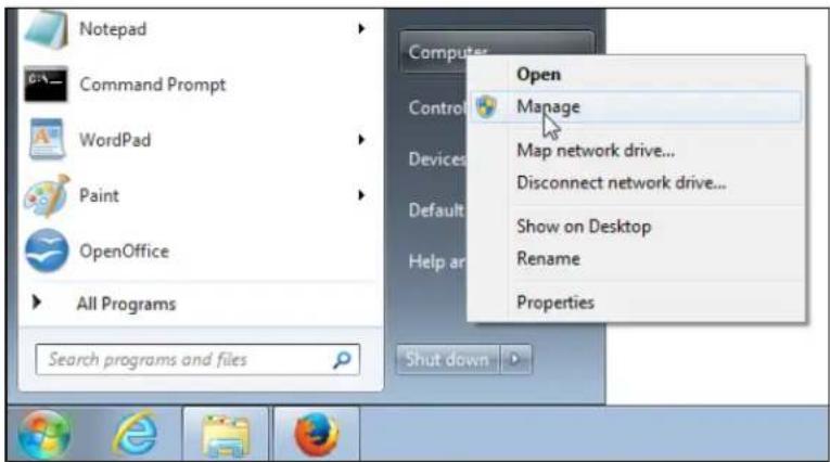 Notepad Command Prompt WordPad Paint OpenOffice All Programs Search programs and files Computer Open Manage Map network drive... Disconnect network drive... Show on Desktop Rename Properties Shut down