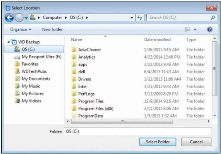 Select Location Computer OS (C:) Search OS (C:) Organize New folder WD Backup OS (C:) My Passport Ultra (F:) Favorites WDTechPubs My Documents My Music My Pictures My Videos Name Date modified Type AdwCleaner 1/26/2015 9:15 AM File folder Analytics 4/22/2014 12:48 PM File folder apps 3/21/2013 9:46 AM File folder dell 6/4/2013 11:43 AM File folder Drivers 3/21/2013 11:08 AM File folder Intel 3/21/2013 9:43 AM File folder PerfLogs 7/13/2009 8:20 PM File folder Program Files 12/9/2014 9:16 AM File folder Program Files (x86) 2/11/2015 8:06 AM File folder ProgramData 3/5/2015 7:32 AM File folder Folder: OS (C:) Select Folder Cancel