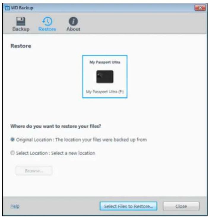 WD Backup Backup Restore About Restore My Passport Ultra My Passport Ultra (P:) Where do you want to restore your files? Original Location : The location your files were backed up from Select Location : Select a new location Browse... Help Select Files to Restore... Close