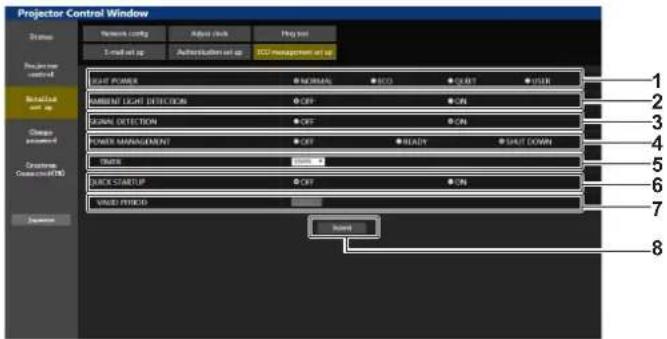 Projector Control Window Status Network config Adjust click Prog not E-mail set up Authentication set up ECO management set up Projector control Targeted start up Signal Power NORMAL ECO START USER Signal Light Detection CPT ON Signal Detection CPT ON POWER MANAGEMENT CPT READY SHIFT DOWN TURN START BACK STARTUP CPT ON VALUE SWITCH Balance 1 2 3 4 5 6 7 8