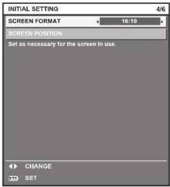 INITIAL SETTING 4/6 SCREEN FORMAT 16:10 SCREEN POSITION Set as necessary for the screen in use. CHANGE SET