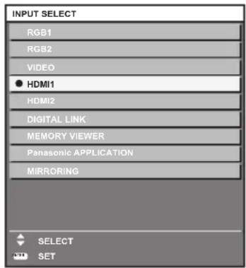 INPUT SELECT RGB1 RGB2 VIDEO ● HDMI1 HDMI2 DIGITAL LINK MEMORY VIEWER Panasonic APPLICATION MIRRORING SELECT SET