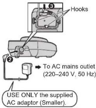 Hooks To AC mains outlet (220-240 V, 50 Hz) USE ONLY the supplied AC adaptor (Smaller).