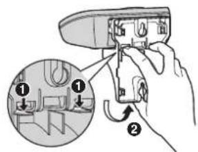 Diagram showing a hand holding a device with two labeled parts, one highlighted with arrows indicating adjustment or repair steps.