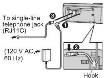 To single-line telephone jack (RJ11C) (120 V AC, 60 Hz) Hook