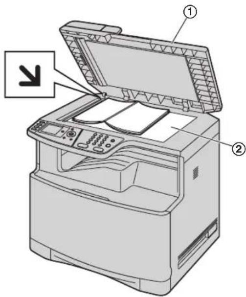 Diagram of an open printer with labeled parts, showing front and back views and a directional arrow indicator.