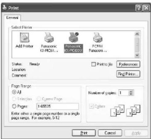 Print General Select Printer Add Printer Panasonic KX-PCSX... Panasonic KX-PCSX... PCFAX Panasonic... Status: Ready Locations: Comment: Print to file Preferences Find Printer... Page Range AJ Selection Current Page Pages: 1-65535 Enter either a single page number or a single page range. For example, 5-12 Number of copies: 1 Colors 1 2 3 1 2 3 Print Cancel Apply