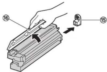 Diagram showing a hand using a tool to adjust a mechanical component, with numbered parts 15 and 16 labeled.