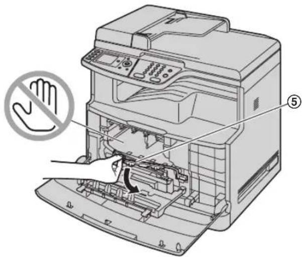 Diagram of an open printer with labeled parts and a hand symbol indicating no gloves.