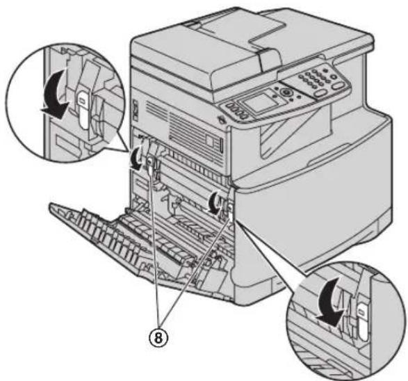 Diagram of an HP printer with labeled parts and zoomed-in insets showing internal structure changes.