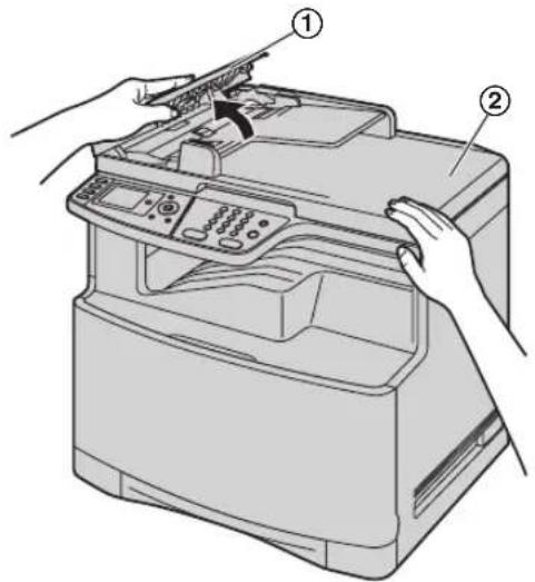 Diagram of a printer with labeled parts showing hand positioning and assembly steps