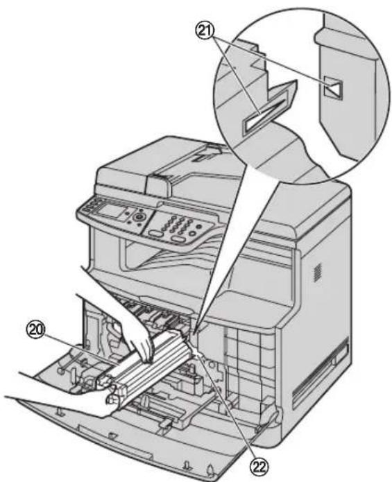 Technical diagram of an HP printer with numbered parts and exploded view highlighting internal components