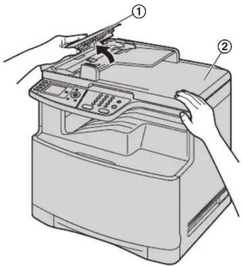 Diagram of a printer with labeled parts showing hand positioning and assembly steps