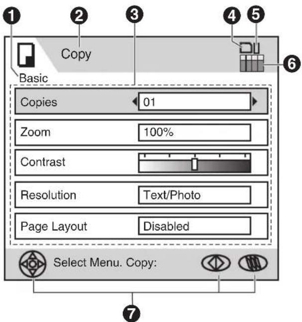 1 2 3 4 5 Copy Basic Copies 01 Zoom 100% Contrast Resolution Text/Photo Page Layout Disabled Select Menu. Copy: