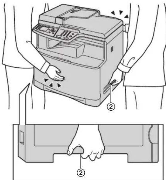 Diagram showing hands operating a printer with labeled parts, including a close-up of the device's handle and base.