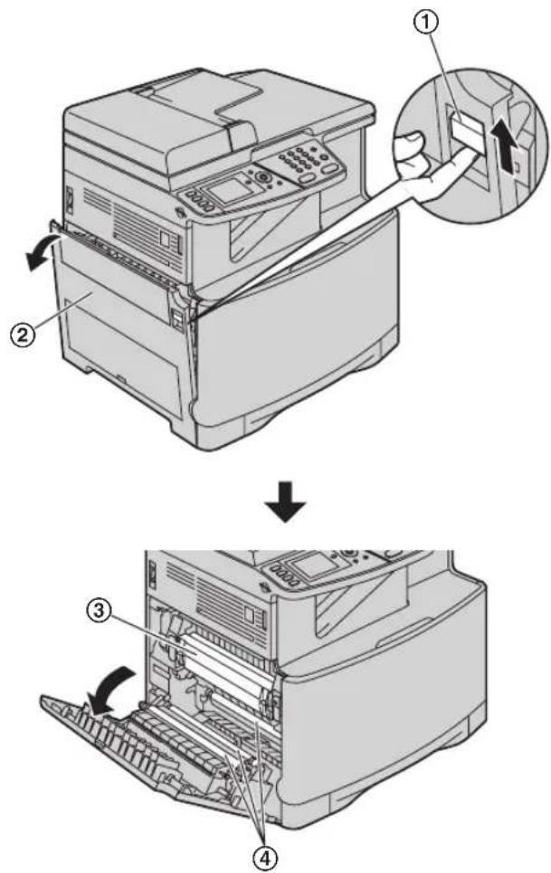 Diagram showing a printer operation sequence with labeled steps and a magnified view of the printer's internal structure.