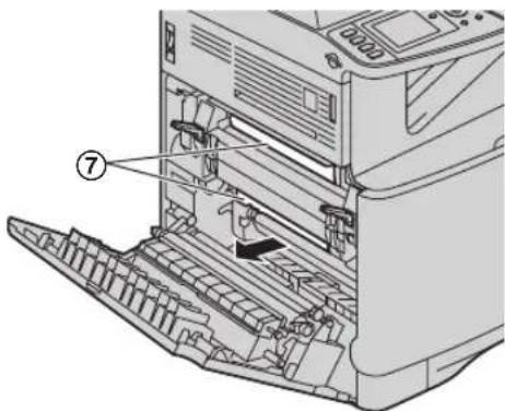 Technical diagram of a printer with labeled parts, showing internal structure and part number ⑦