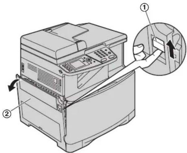 Diagram of a printer with labeled parts and an inset showing a hand inserting a component into a device.