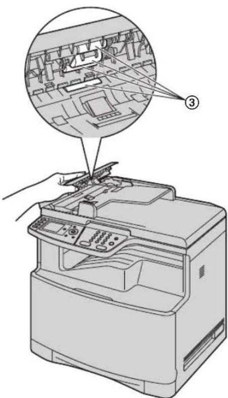 Diagram showing a printer with internal components and a hand inserting a component, labeled with number ③.